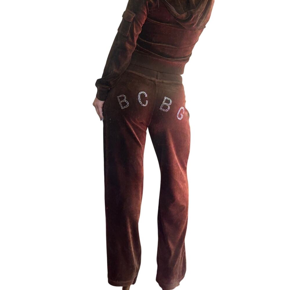 Y2K Vintage BCBG Brown Rhinestone Velour Tracksuit Set S